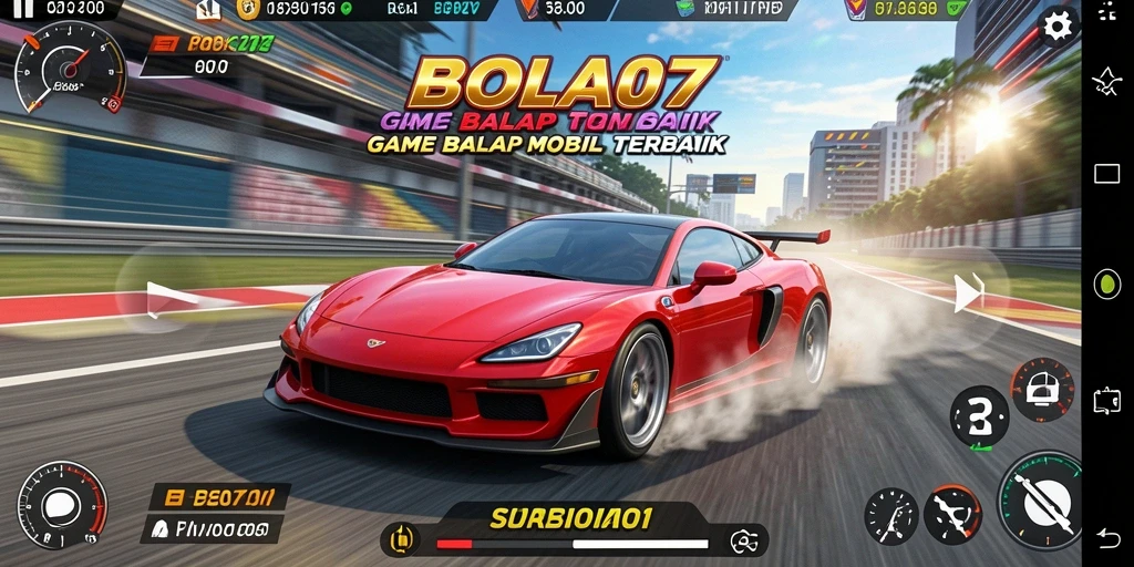 Tampilan gameplay menarik dari balapan di BOLA07 dengan mobil yang penuh kecepatan.