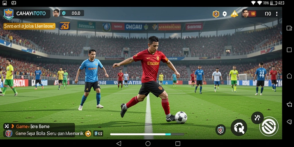 Screenshot gameplay CAHAYATOTO menunjukkan aksi seru di lapangan sepak bola.