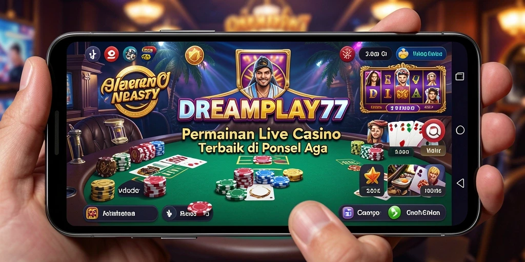 Screenshot gameplay <strong>DREAMPLAY77</strong> yang menampilkan dealer dan permainan Live Casino.