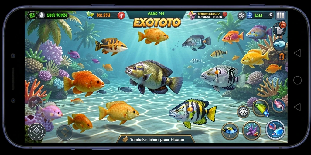 Tampilan gameplay EXOTOTO dengan aksi menembak ikan yang seru.