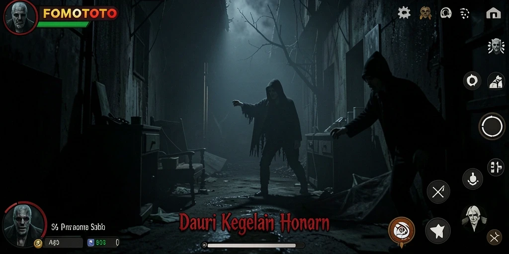 Gameplay FOMOTOTO dengan suasana yang mencekam dan menakutkan.