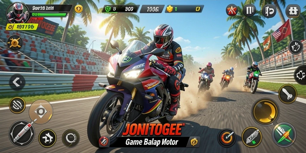 Tampilan gameplay menegangkan di JONITOGEL dengan aksi balap motor.