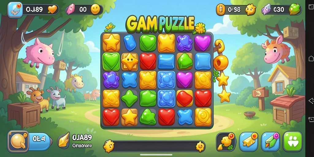 Tampilan gameplay OJA89 dengan warna-warna cerah dan permata menarik.