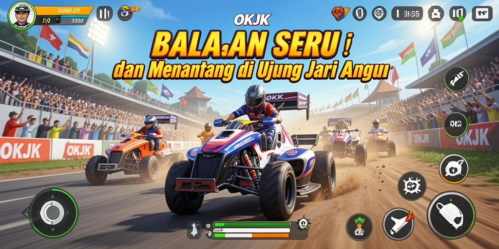 Tampilan gameplay seru di <strong>OKJK</strong> dengan mobil balap melaju kencang.
