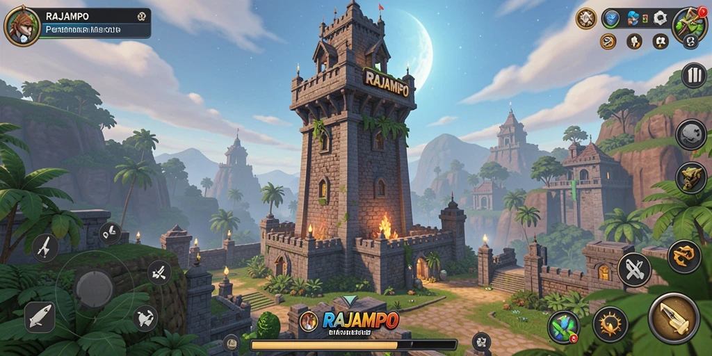Tangkapan layar utama dari gameplay menara pertahanan di RAJAMPO.